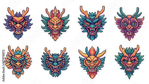 Colorful fantasy pixel art dragon heads with fierce expressions