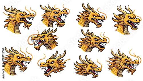 Pixel art dragon heads collection: diverse mythical creature expressions