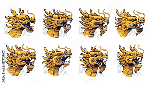 Golden dragon heads in various expressions on white background