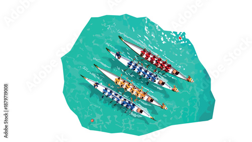 Dragon boat race from above on turquoise water with rowers in colorful team uniforms
