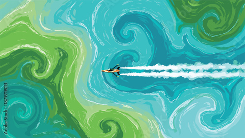 Jet flying over dynamic ocean currents in abstract aerial view