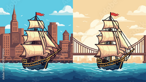 Pixel art sailing ship in urban harbor with city skyline and bridge background