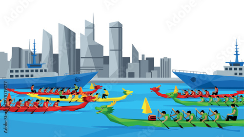 Vibrant dragon boat race on a modern city waterfront