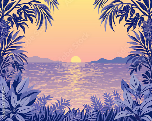 Tropical sunset over the ocean framed by lush palm leaves and foliage