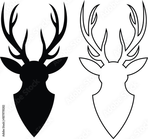 Deer antlers head icons set collection with stag buck reindeer silhouettes in flat and line style, wildlife animal outline illustration group for logo branding tattoo design