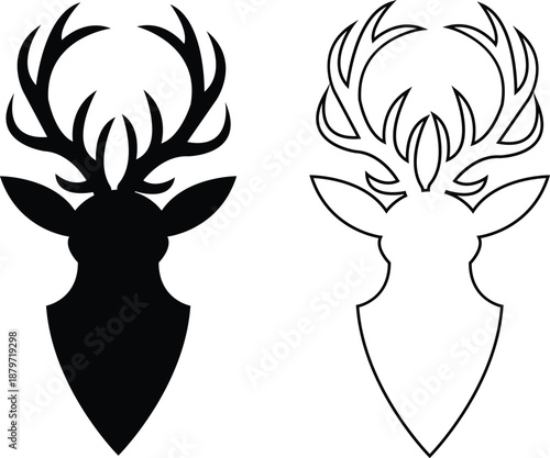 Deer antlers head icons set collection with stag buck reindeer silhouettes in flat and line style, wildlife animal outline illustration group for logo branding tattoo design