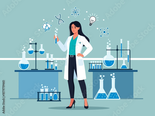 Female scientist in lab coat conducting experiments in a laboratory setting