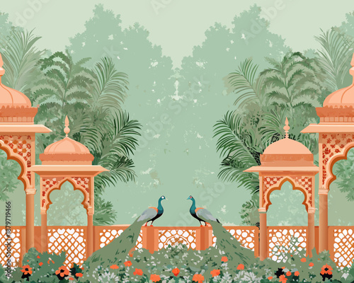 Elegant indian palace garden scene with peacocks and lush tropical foliage