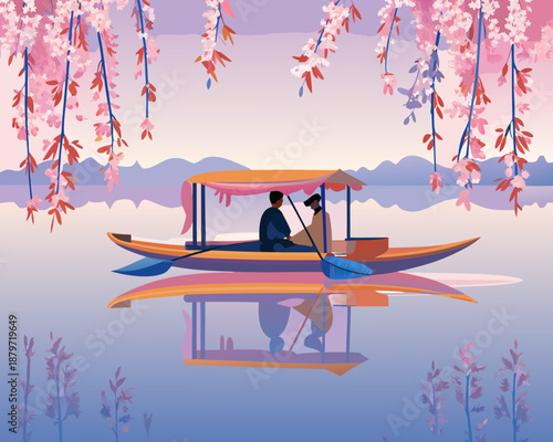 A serene gondola ride under blossoming cherry trees on tranquil waters