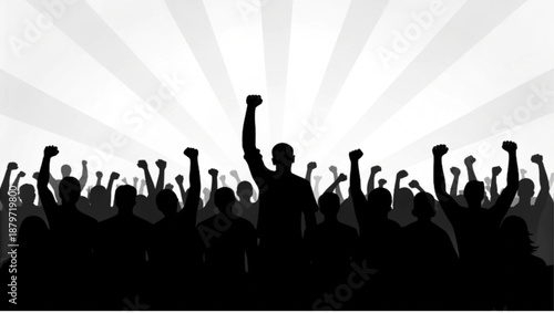 Dynamic silhouetted crowd raising fists, symbolizing protest, revolution, and collective power