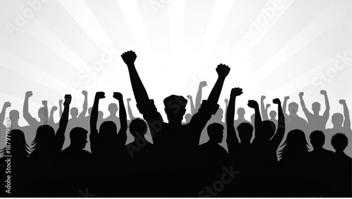 Silhouettes of a diverse crowd with raised fists, symbolizing unity, protest, or celebration.