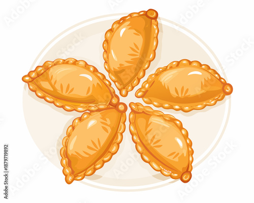Delicious golden empanadas arranged in a circular pattern on a white plate