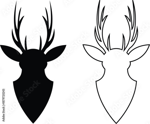 Deer antlers head icons set collection with stag buck reindeer silhouettes in flat and line style, wildlife animal outline illustration group for logo branding tattoo design