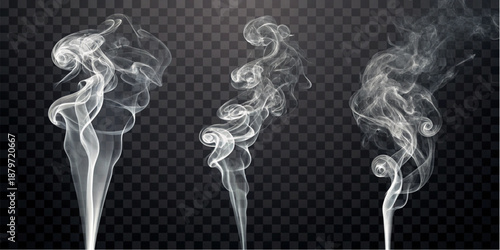Three realistic white smoke plumes with swirling, ethereal textures rising gracefully