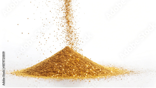 Shimmering golden glitter pouring into a sparkling mound, creating a radiant, textured pile.