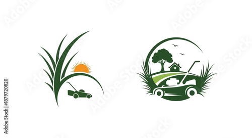 lawn mower and tractor graphics with sun and trees