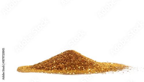Small shimmering golden glitter powder pile, conical shape, sparkling texture, festive.