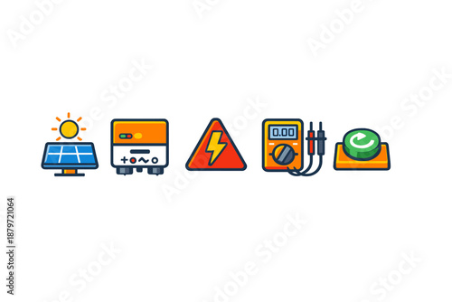 Set of electrical icons with a solar panel, power supply, warning sign, multimeter, and button