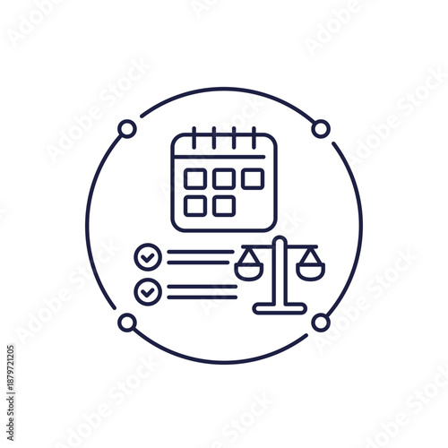trial date icon with a calendar, law and legal affairs line design