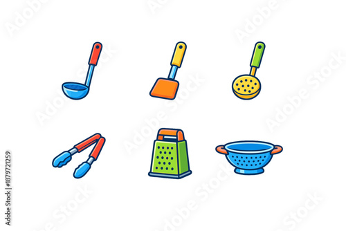 Collection of colorful kitchen utensils with glowing outlines