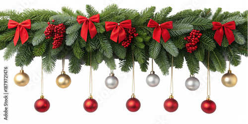 Festive Christmas Garland with Green Fir Branches, Red Bows, Berries, Gold, Silver, and Red Baubles