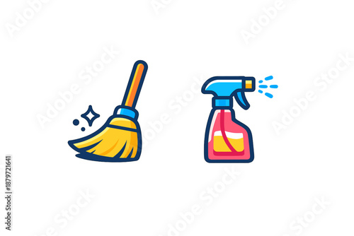 Broom and spray bottle cleaning icons