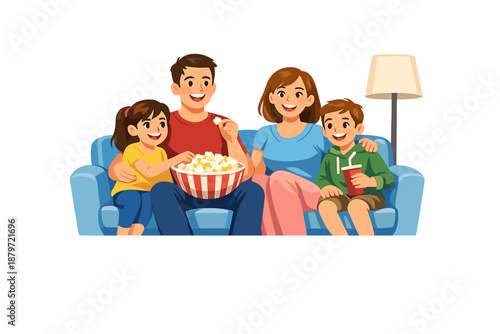 Happy family watching TV and eating popcorn