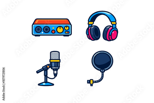 Audio recording equipment flat icons