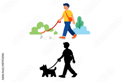 Man walking dog in park at sunset