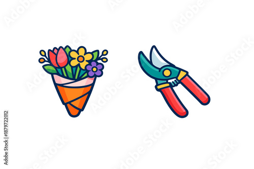 Cute cartoon bouquet of flowers and pruning shears