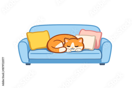 Cute cartoon cat sleeping on a blue couch with pillows