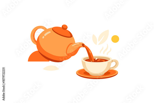 Tea pouring from teapot into cup with steam and sun