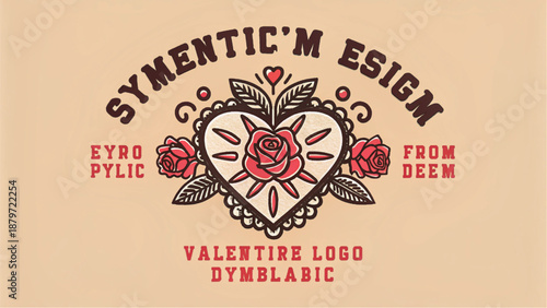 Ornate vintage tattoo heart with blooming red roses, green leaves, and decorative swirls, classic traditional art style.