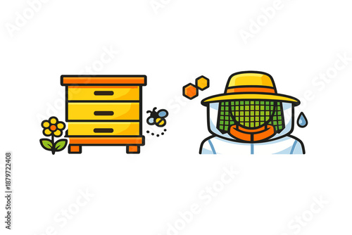 Beekeeping concept with hive, bee, flower and beekeeper