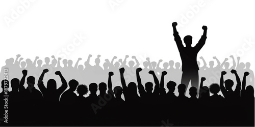 Powerful black silhouettes of a protesting crowd with raised fists, a prominent leader figure.