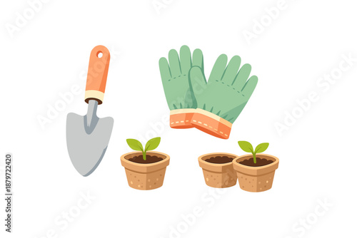 Gardening tools and seedlings illustration with glowing effect