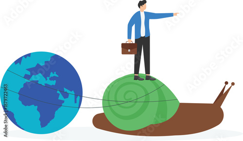 Businessman Leading Slow Global Expansion on Snail