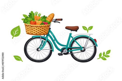 Bicycle with a basket full of fresh produce and bread