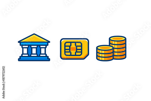Bank, SIM card, and coins icons with neon glow