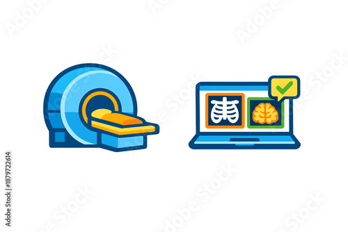Medical Imaging Icons: MRI Scanner and Laptop with X-ray and Brain Scan