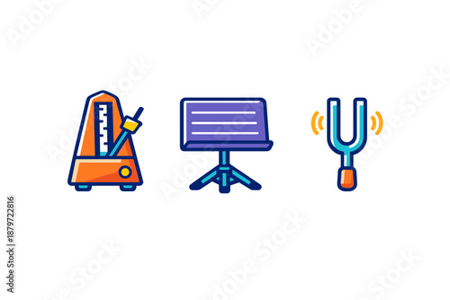 Set of musical icons: metronome, music stand, and tuning fork