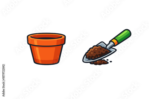 Orange Flower Pot and Trowel with Soil
