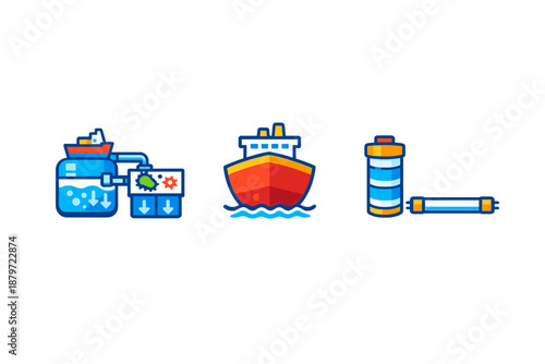 Three icons representing shipping, a battery, and a tube light