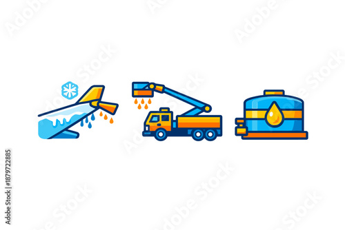 Airport ground services icons: de-icing, fuel truck, and fuel tank