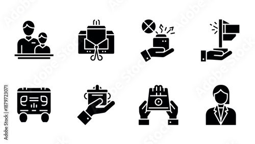 Business and technology icon set featuring office, security, and presentation designs
