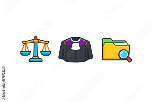 Legal icons: scales of justice, judge's robe, and folder with magnifying glass