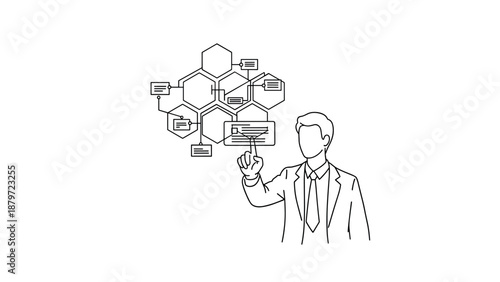 Businessman touching digital interface with hexagonal graphs in linear style