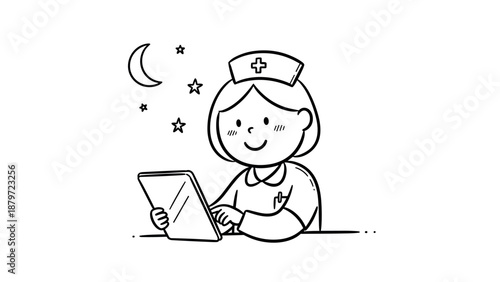Smiling nurse using tablet at night under stars and moon in simple black and white style