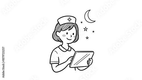 Night shift nurse using tablet under moon and stars in monochrome line art