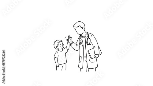 Doctor and child high-five in simple line art style